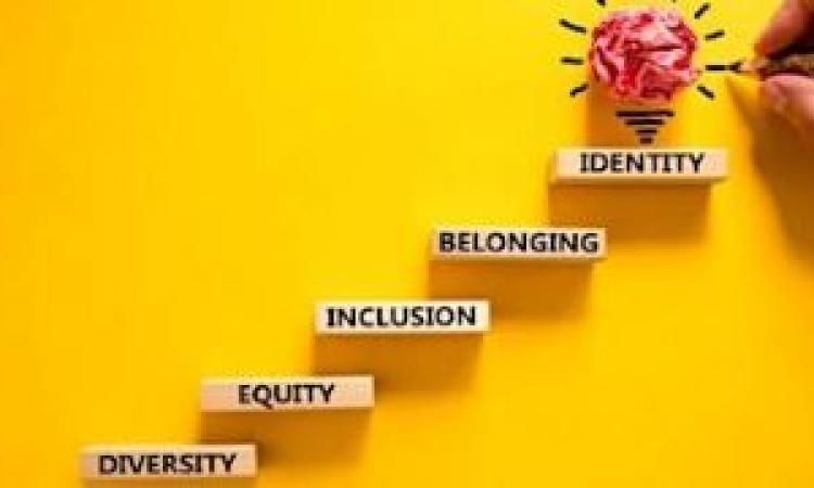Yellow background with steps going up reading diversity, equality, inclusion, belonging, identity