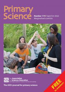 ASE Primary Science Issue 174 Marginalised Scientists. A group of school children in a park. All students are watching one child inspect water in a clear bottle.
