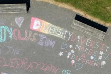Chalk drawings of EDI messages on playground