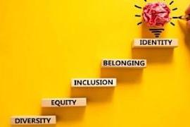 Yellow background with steps going up reading diversity, equality, inclusion, belonging, identity