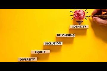 Yellow background with steps going up reading diversity, equality, inclusion, belonging, identity