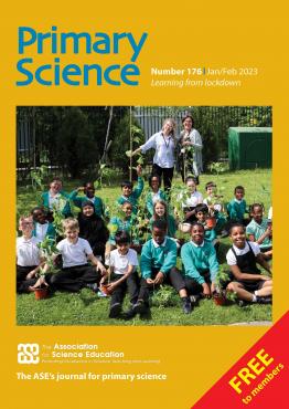 ASE Primary Science Issue 176 cover image of a class of primary school children sitting on a lawn with plants they have been growing