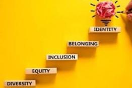 Yellow background with steps going up reading diversity, equality, inclusion, belonging, identity